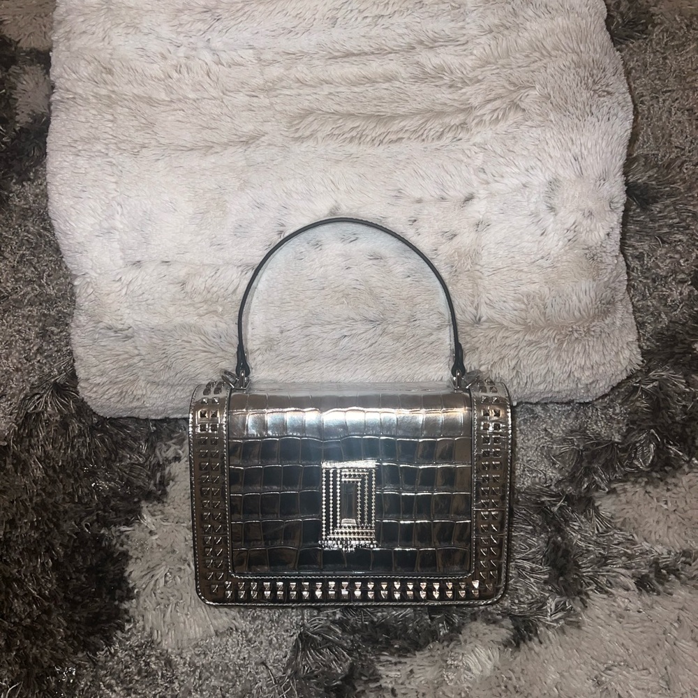 Karl Lagerfeld Silver Embossed Leather Crossbody Bag